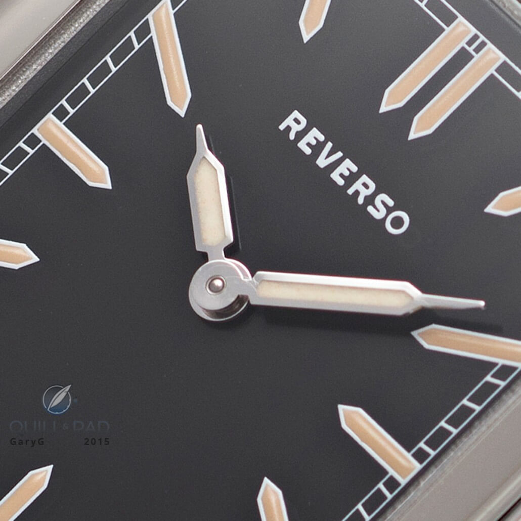 Dial detail of the Jaeger-LeCoultre Tribute to Reverso 1931 U.S. limited production 2012, highlighting the special font and hand shapes